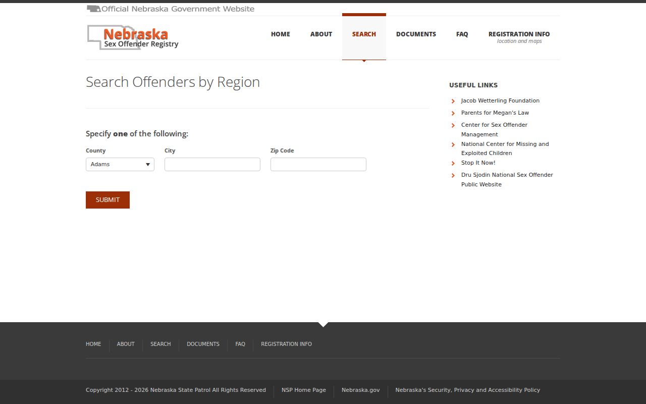 Butler County sex offender registry region search interface