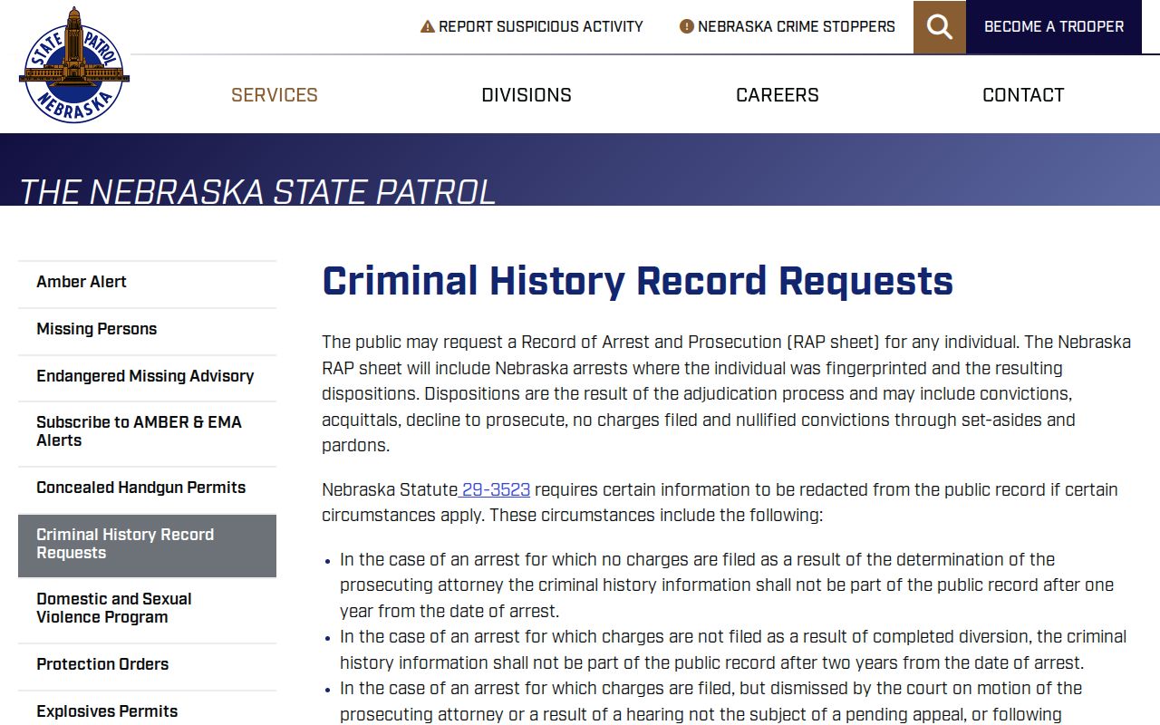 Butler County criminal history Nebraska State Patrol request page